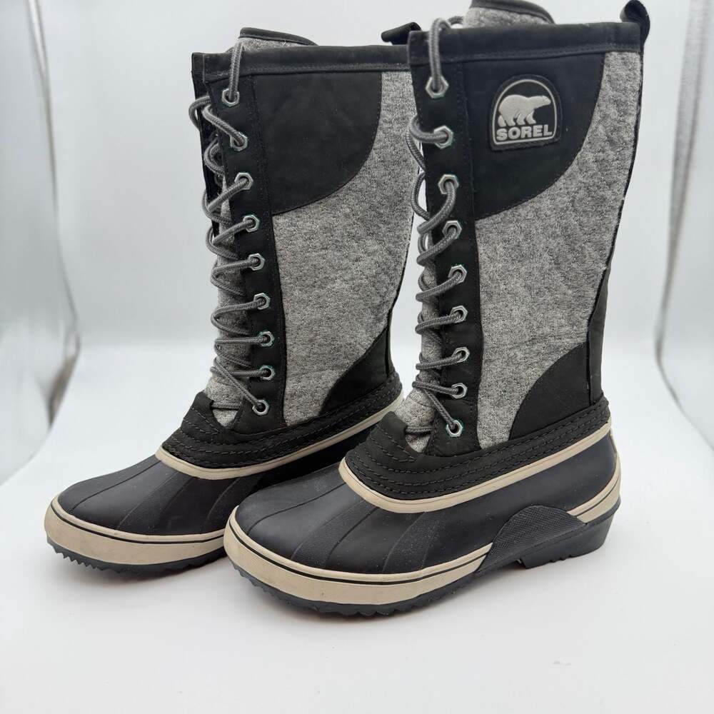 Sorel Sorelli Tall Waterproof Lace-Up Winter Boots in Black and Grey Felt
